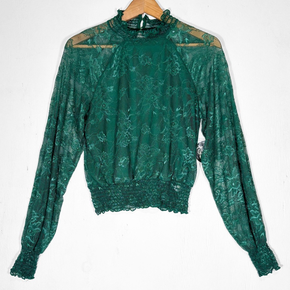 Jolie & Joy NEW Emerald‎ Green Floral Lace Smocked Blouse Womens L Romantic